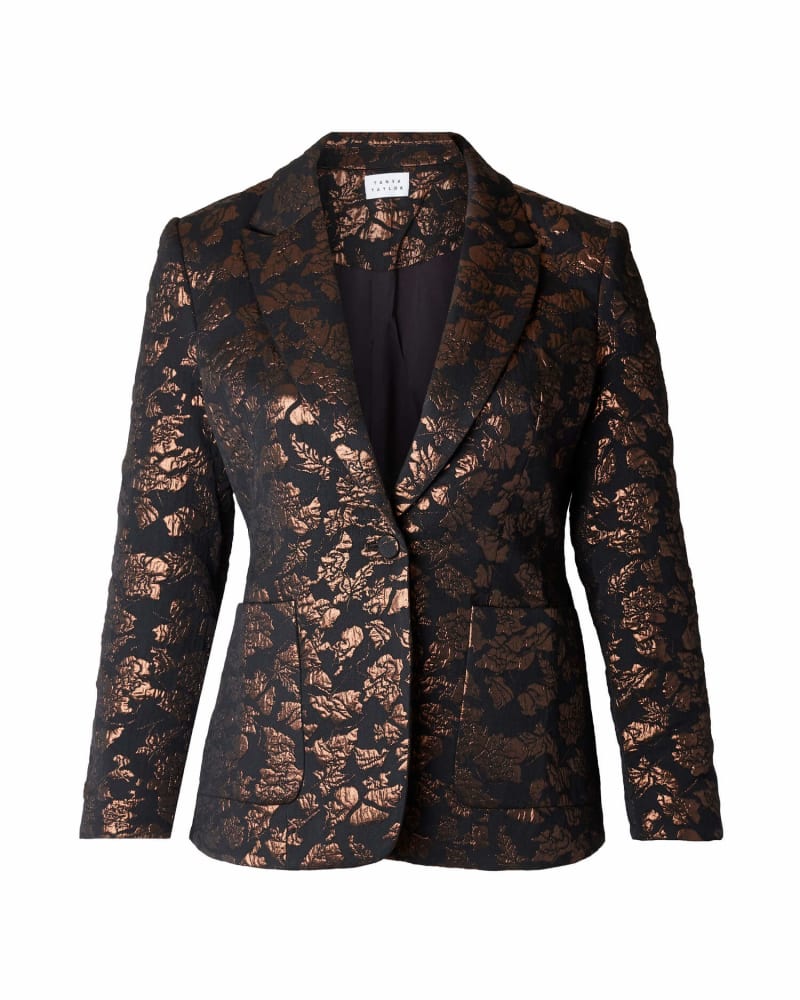 Front of a size 18 Jared Jacket in Deep Brandy by Tanya Taylor. | dia_product_style_image_id:244946